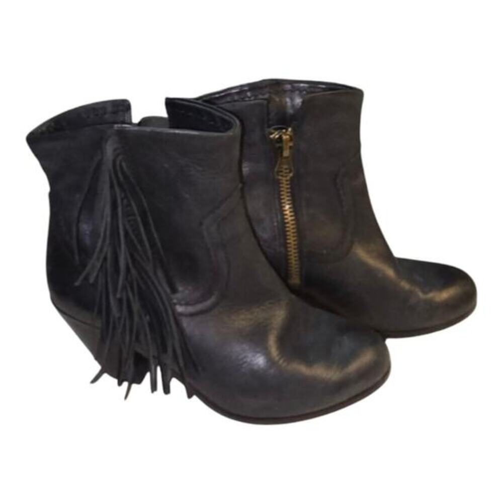 Sam Edelman Women's Black Leather Fringe Western Zipper Close Ankle Boots Size 7